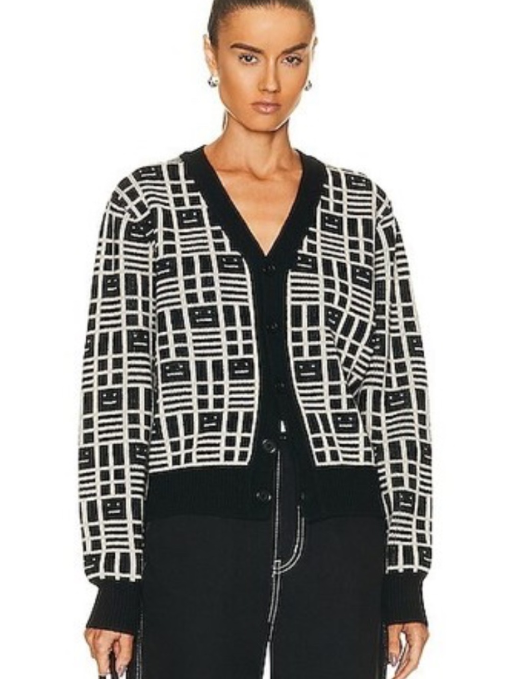 Acne Studios Kargot Face Jacquard Wool V-Neck Cardigan Black White Crop, Women